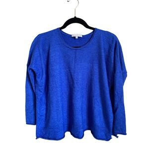 Blossom Cashmere Royal Blue Crew Neck Boxy Sweater Side Slit Womens Medium M